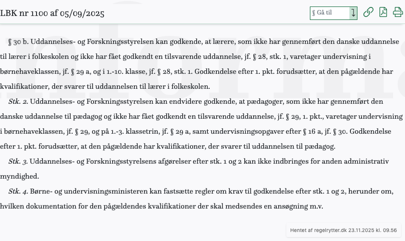 Screenshot af § 30 b. fra retsinformation.dk