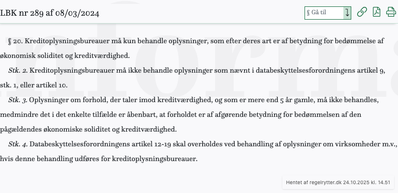 Screenshot af § 20. fra retsinformation.dk