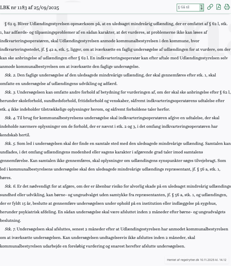 Screenshot af § 62 q. fra retsinformation.dk