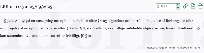 Screenshot af § 32 a. fra retsinformation.dk