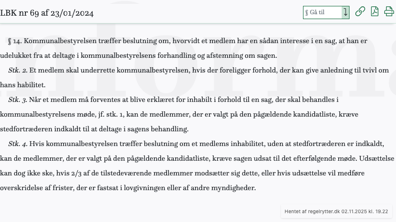 Screenshot af § 14. fra retsinformation.dk