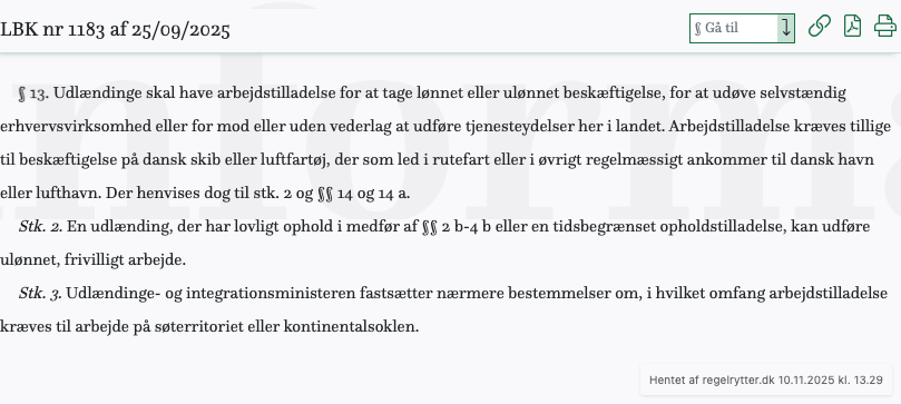 Screenshot af § 13. fra retsinformation.dk