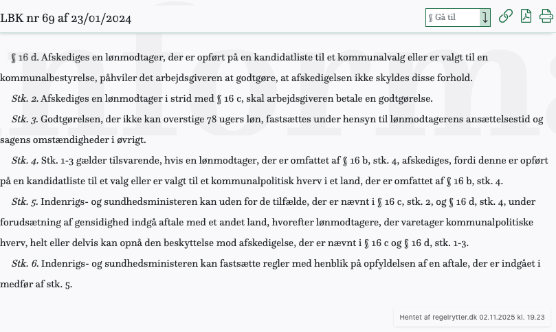 Screenshot af § 16 d. fra retsinformation.dk