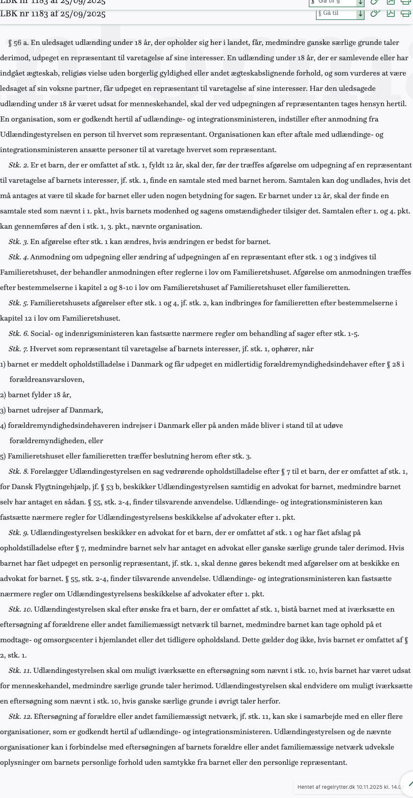 Screenshot af § 56 a. fra retsinformation.dk