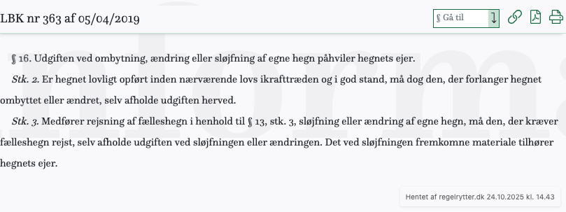 Screenshot af § 16. fra retsinformation.dk