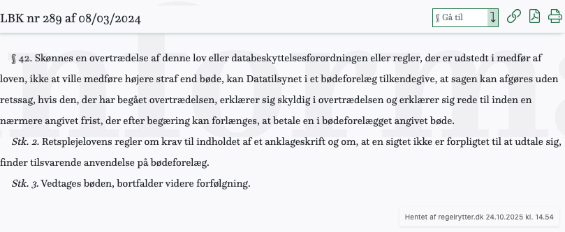 Screenshot af § 42. fra retsinformation.dk