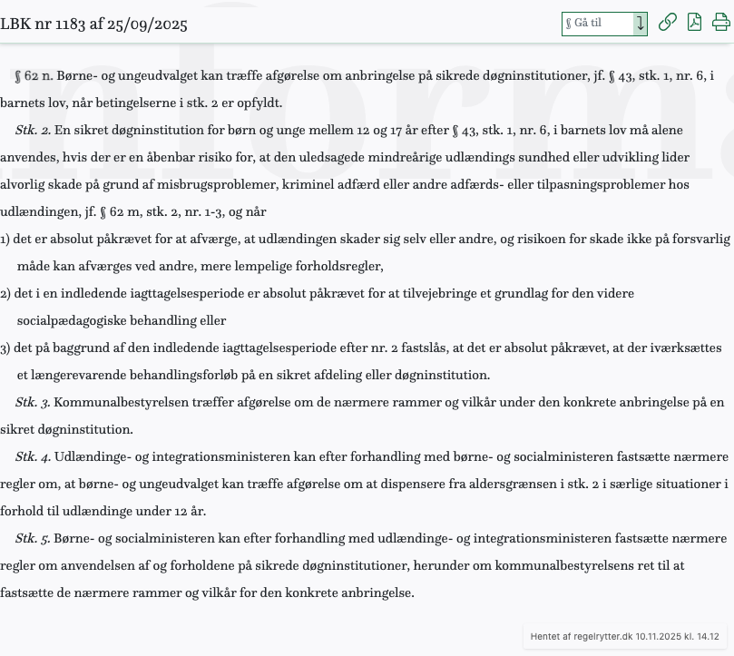Screenshot af § 62 n. fra retsinformation.dk