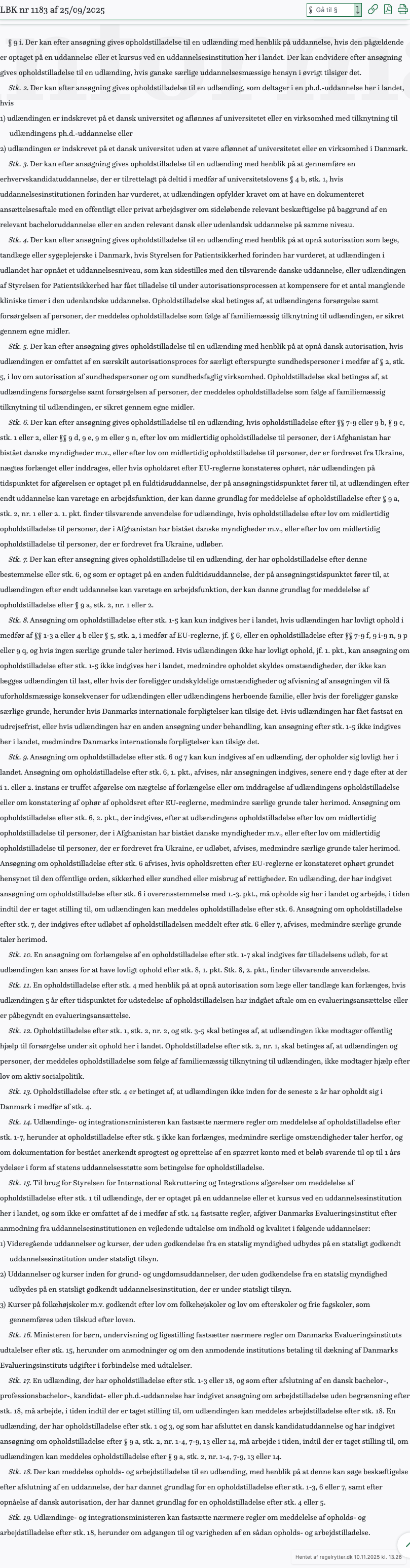 Screenshot af § 9 i. fra retsinformation.dk