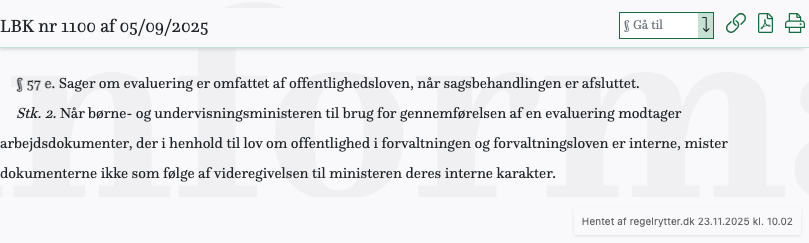 Screenshot af § 57 e. fra retsinformation.dk