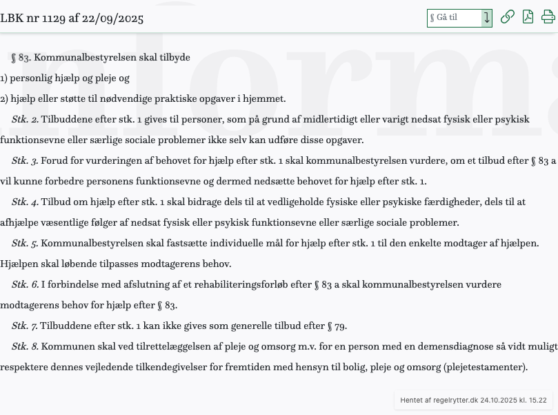 Screenshot af § 83. fra retsinformation.dk