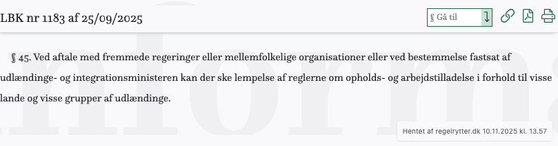 Screenshot af § 45. fra retsinformation.dk