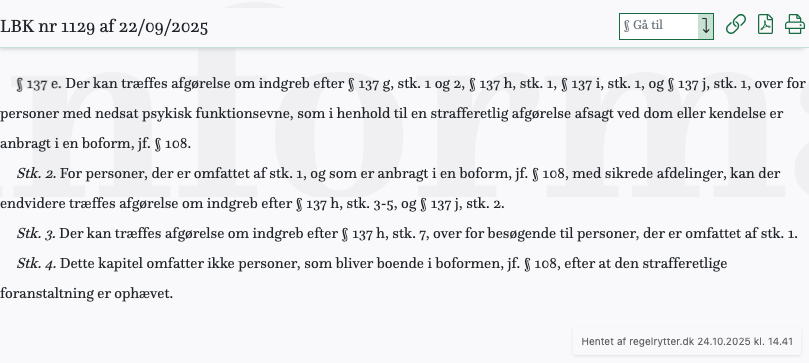 Screenshot af § 137 e. fra retsinformation.dk