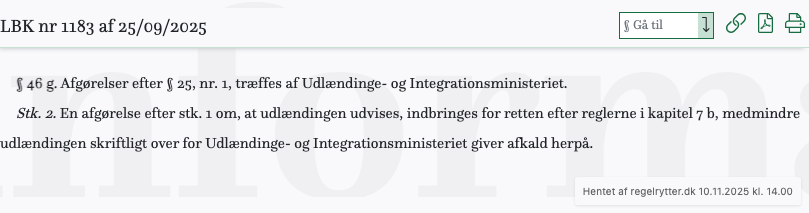 Screenshot af § 46 g. fra retsinformation.dk