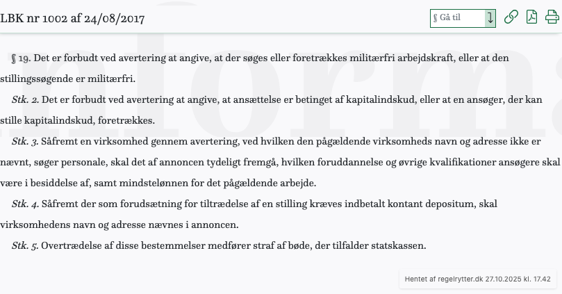 Screenshot af § 19. fra retsinformation.dk