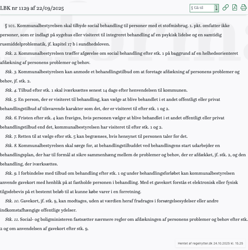 Screenshot af § 101. fra retsinformation.dk