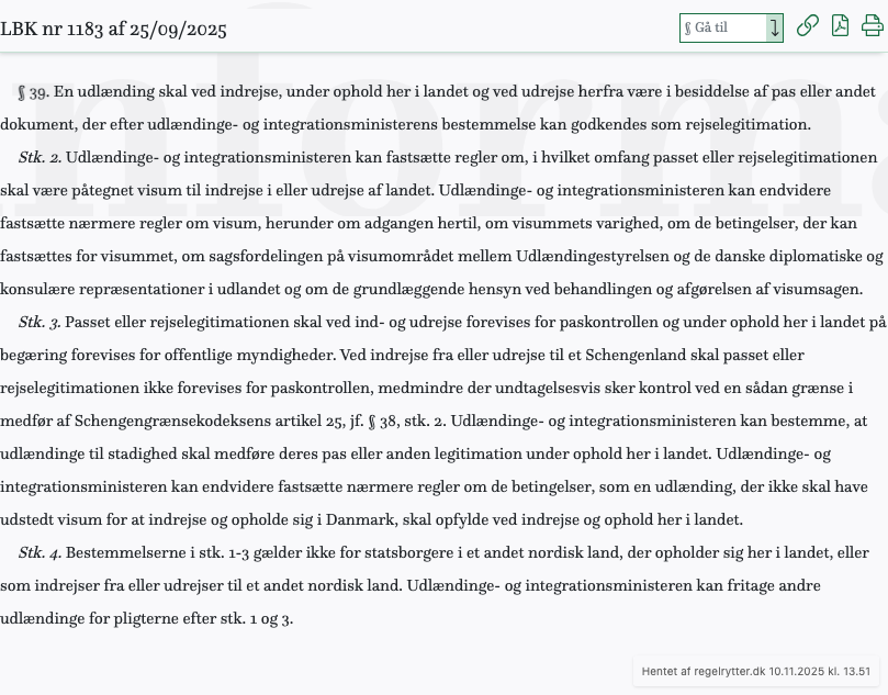 Screenshot af § 39. fra retsinformation.dk