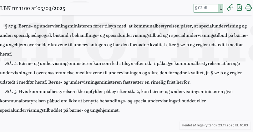 Screenshot af § 57 g. fra retsinformation.dk