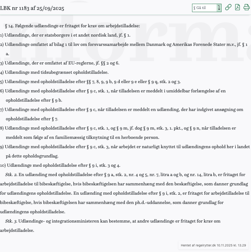 Screenshot af § 14. fra retsinformation.dk