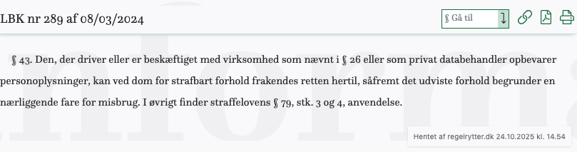 Screenshot af § 43. fra retsinformation.dk