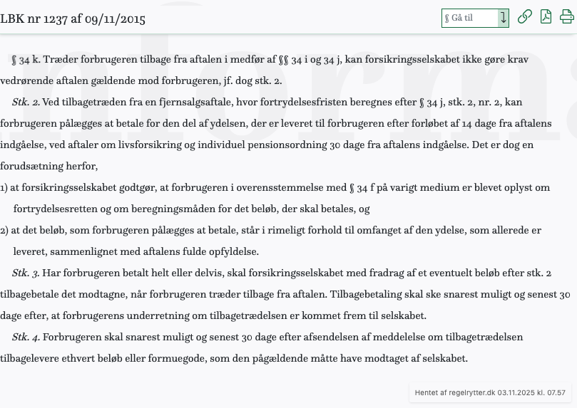Screenshot af § 34 k. fra retsinformation.dk