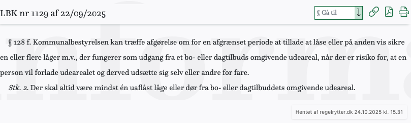 Screenshot af § 128 f. fra retsinformation.dk