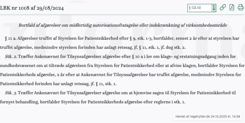 Screenshot af § 11 a. fra retsinformation.dk