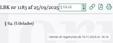 Screenshot af § 64. fra retsinformation.dk