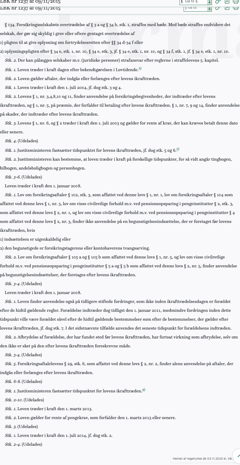 Screenshot af § 134. fra retsinformation.dk