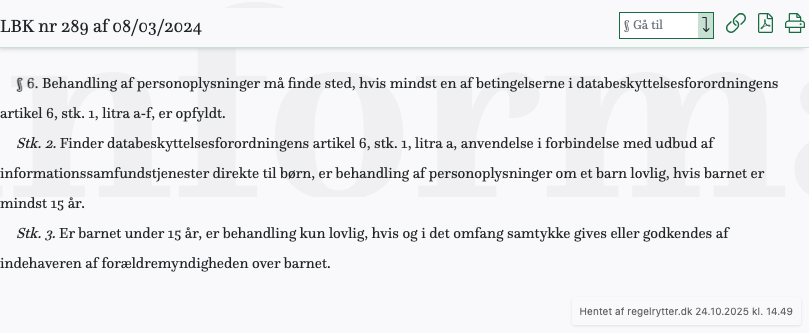 Screenshot af § 6. fra retsinformation.dk