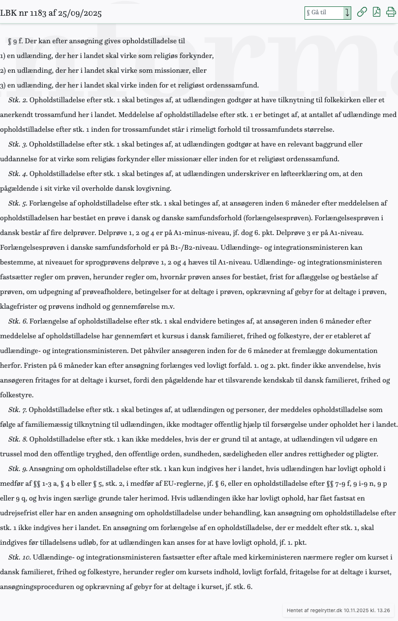 Screenshot af § 9 f. fra retsinformation.dk