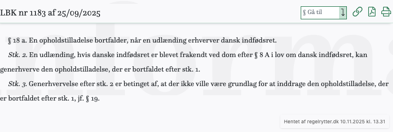 Screenshot af § 18 a. fra retsinformation.dk