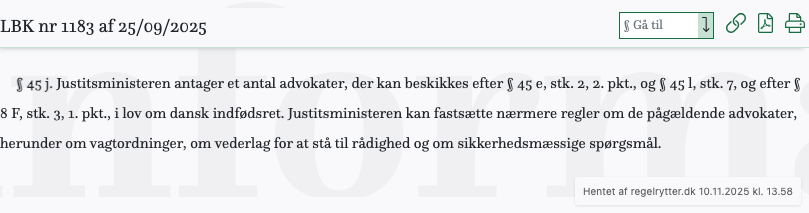Screenshot af § 45 j. fra retsinformation.dk