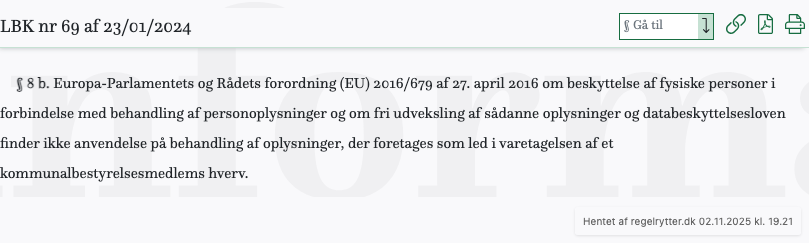 Screenshot af § 8 b. fra retsinformation.dk
