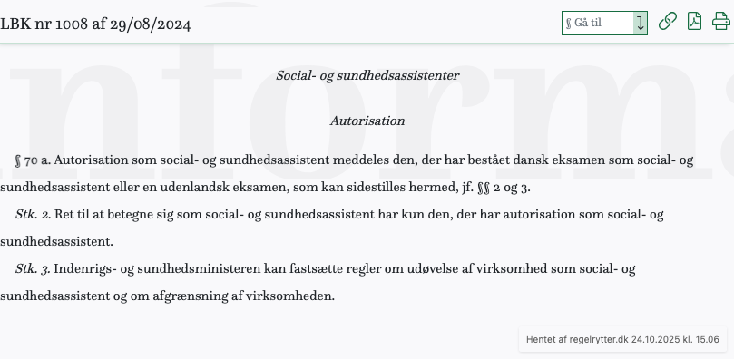 Screenshot af § 70 a. fra retsinformation.dk