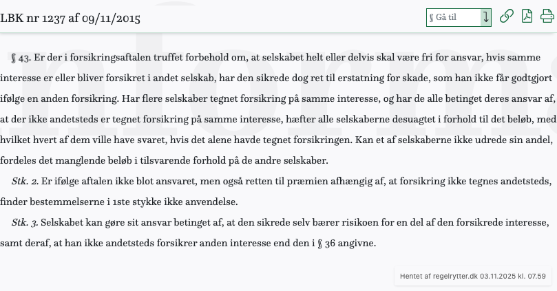 Screenshot af § 43. fra retsinformation.dk