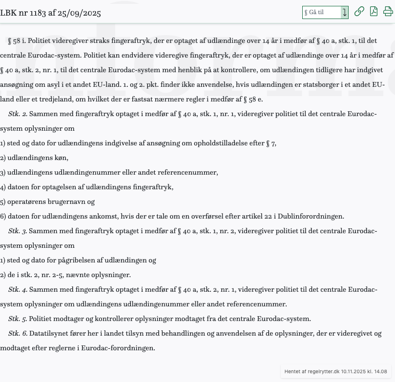Screenshot af § 58 i. fra retsinformation.dk