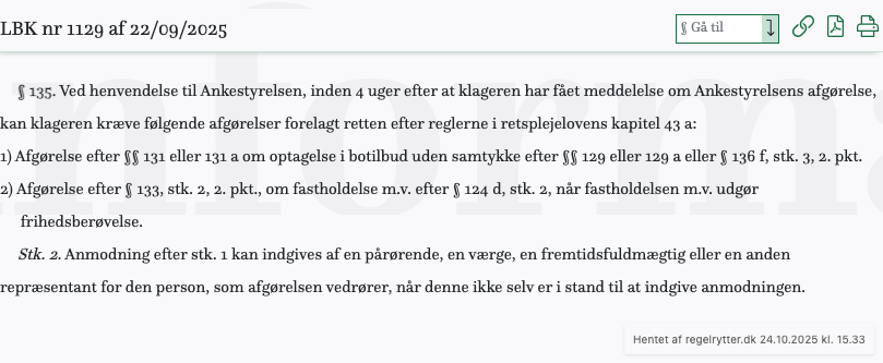 Screenshot af § 135. fra retsinformation.dk