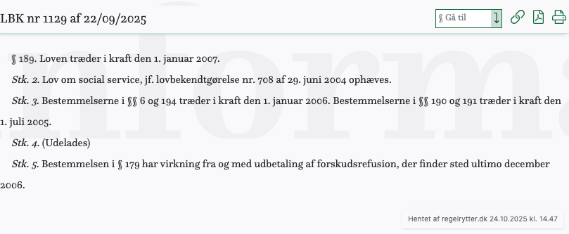 Screenshot af § 189. fra retsinformation.dk