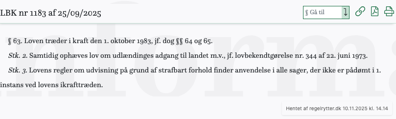 Screenshot af § 63. fra retsinformation.dk