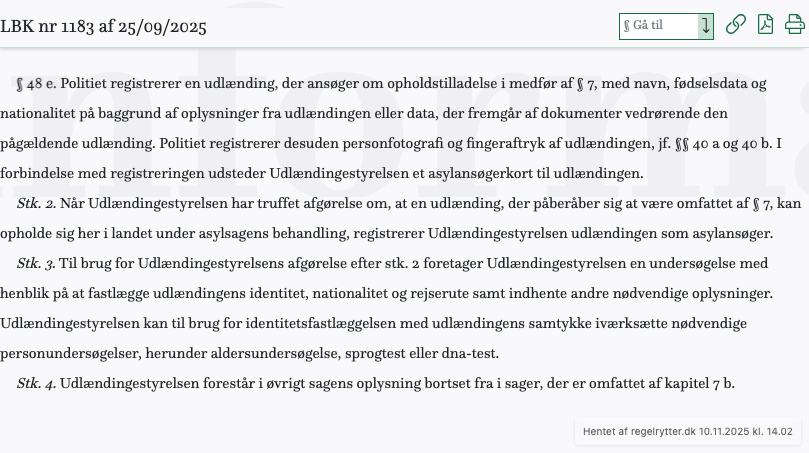 Screenshot af § 48 e. fra retsinformation.dk
