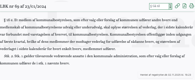 Screenshot af § 16 e. fra retsinformation.dk