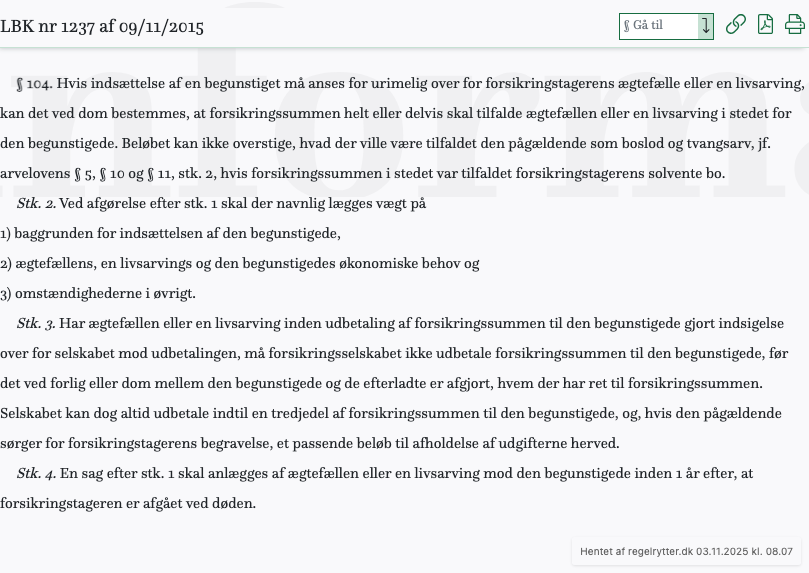 Screenshot af § 104. fra retsinformation.dk