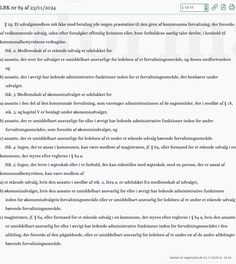 Screenshot af § 29. fra retsinformation.dk