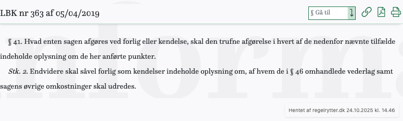 Screenshot af § 41. fra retsinformation.dk