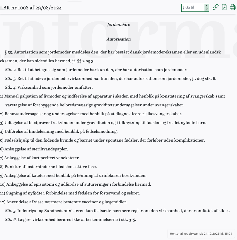 Screenshot af § 55. fra retsinformation.dk