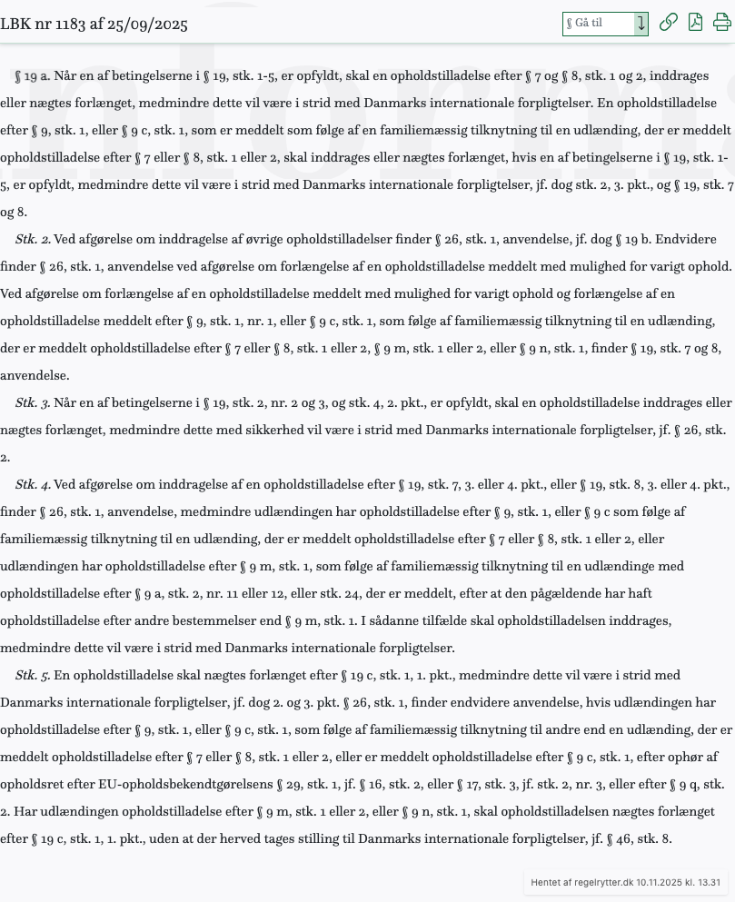 Screenshot af § 19 a. fra retsinformation.dk