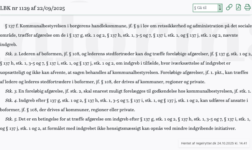 Screenshot af § 137 f. fra retsinformation.dk