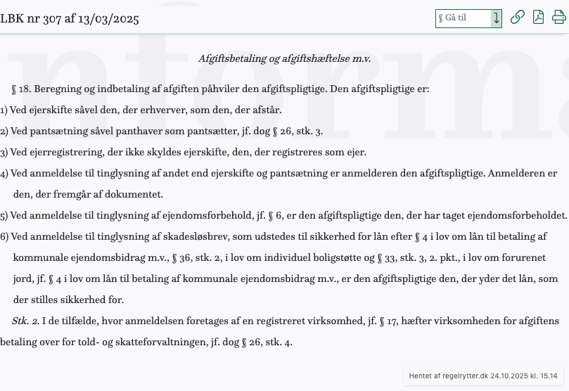 Screenshot af § 18. fra retsinformation.dk