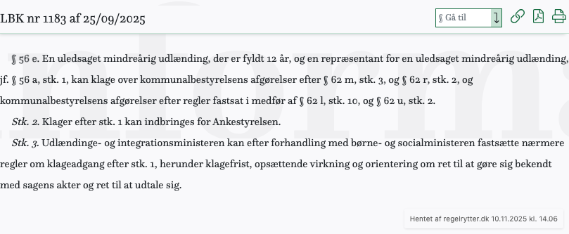 Screenshot af § 56 e. fra retsinformation.dk