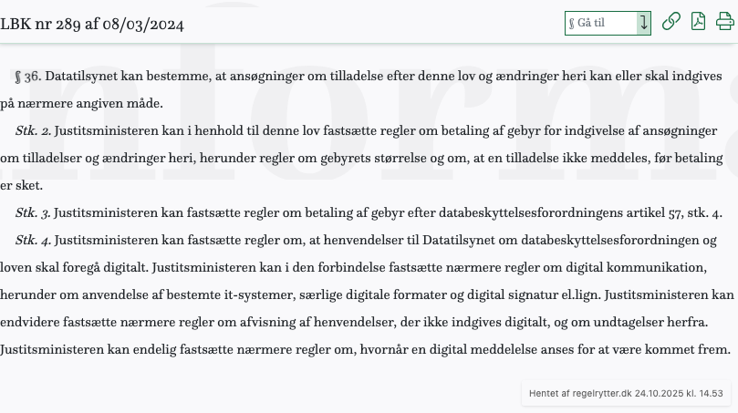 Screenshot af § 36. fra retsinformation.dk